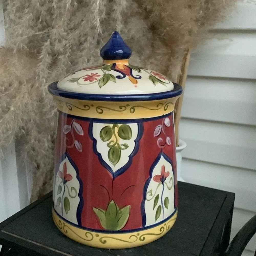 Pier 1‎ Vallarta Cookie Jar Canister Hand Painted Floral ceramic food storage